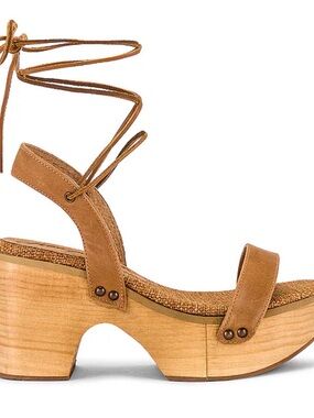 Free People Aurora Platform Sandals Tan Lace-Up Wooden Clog Heels EU 36 US 6